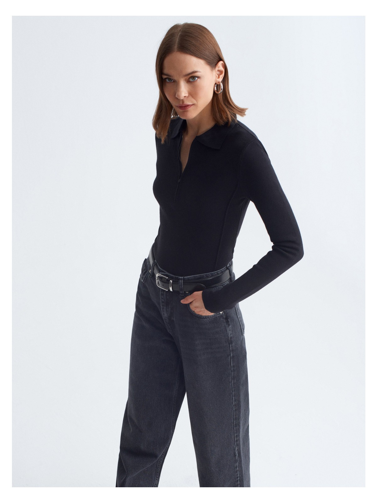 Dilvin 10862 Kaşmir Karışımlı Fermuarlı Kazak-Siyah