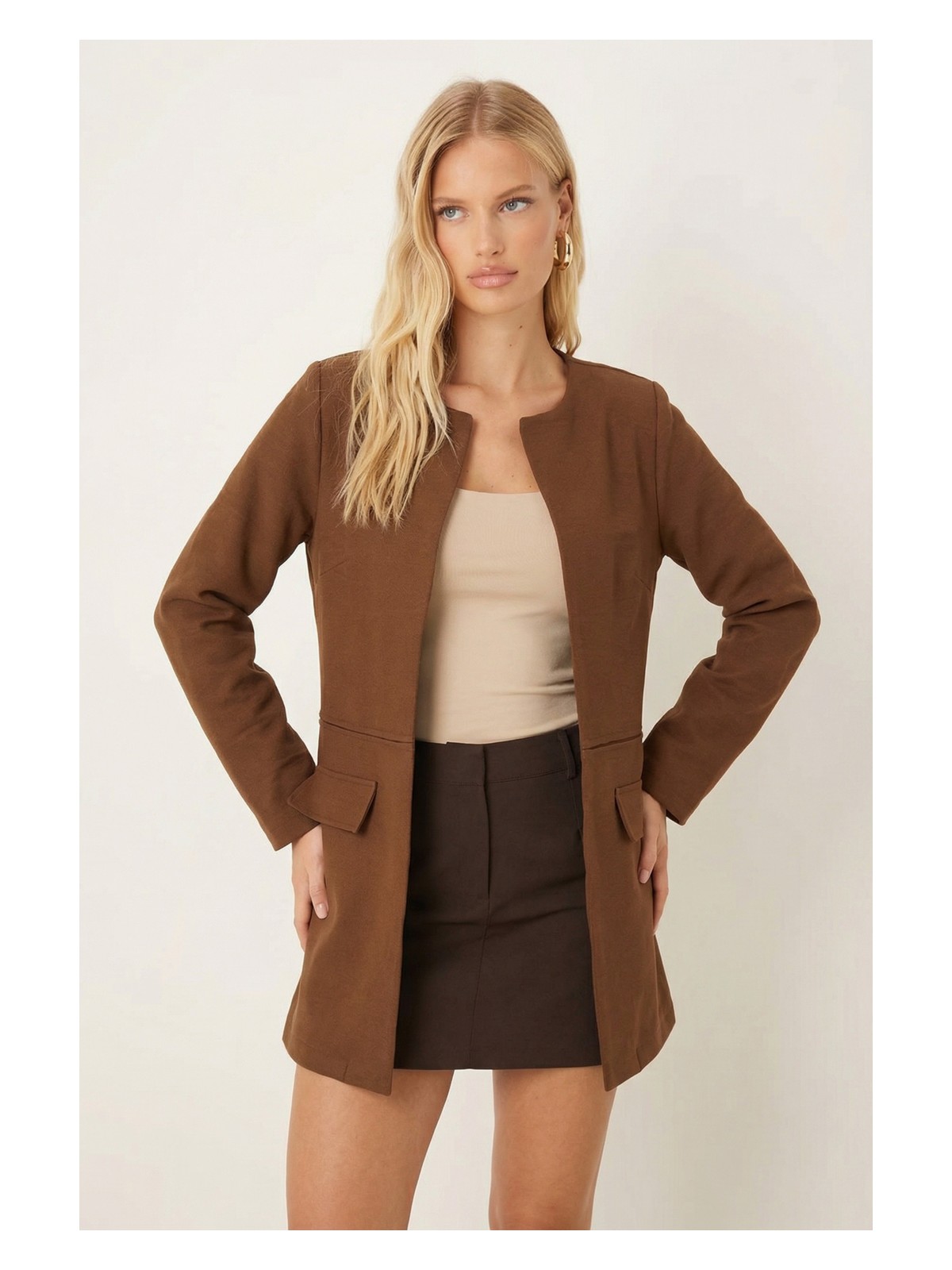 Armonika Kadın Koyu Haki Beli Dikişli Uzun Ceket ARM-26K001017