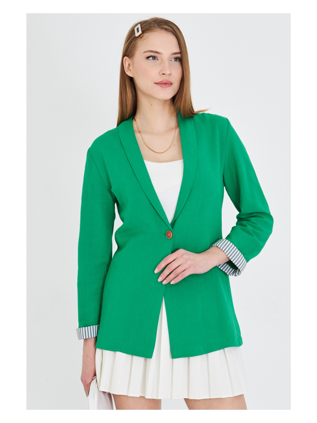 Armonika Kadın Çimen Yeşil Kol Içi Çizgili Tek Düğmeli Ceket ARM-22K001122