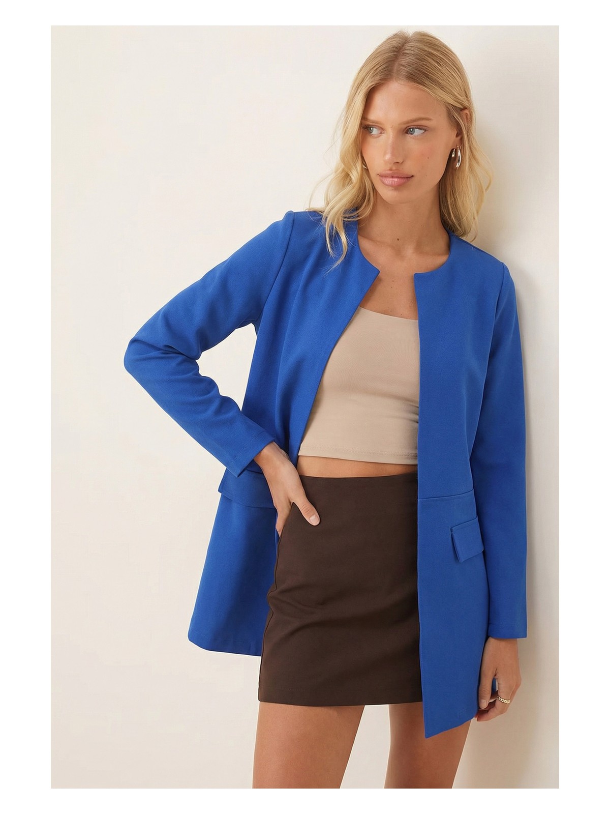 Armonika Kadın Saks Beli Dikişli Uzun Ceket ARM-26K001017