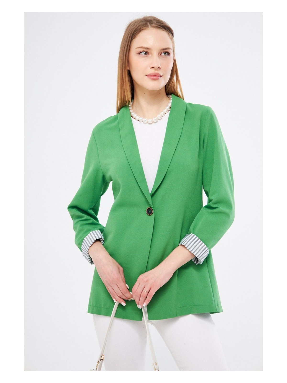 Armonika Kadın Çimen Yeşil Kol Içi Çizgili Tek Düğmeli Ceket ARM-22K001122 - Görsel 9