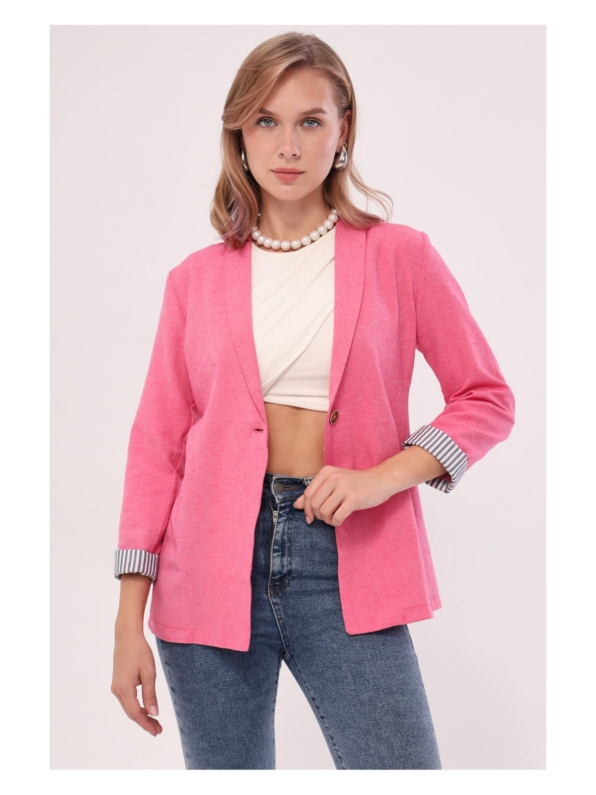 Armonika Kadın Çimen Yeşil Kol Içi Çizgili Tek Düğmeli Ceket ARM-22K001122 - Görsel 6