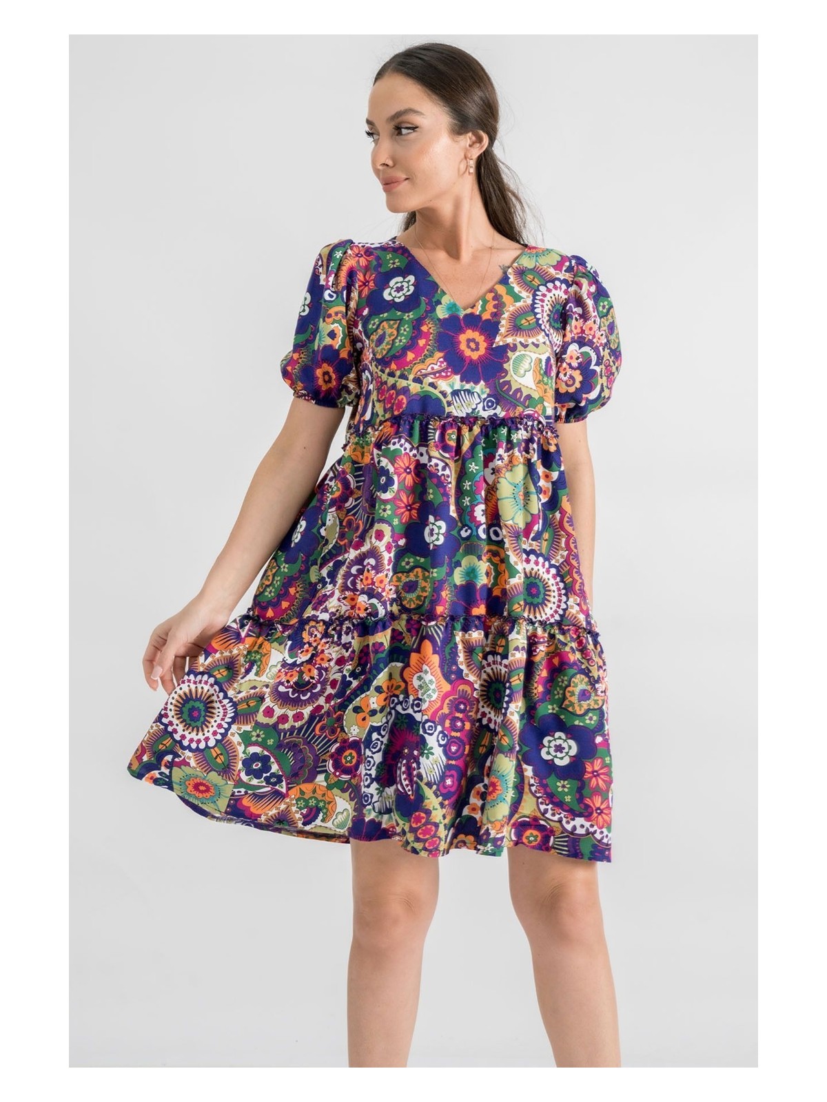 Armonika Kadın Mor V Yaka Kısa Kol Desenli Fırfırlı Elbise ARM-24Y001014