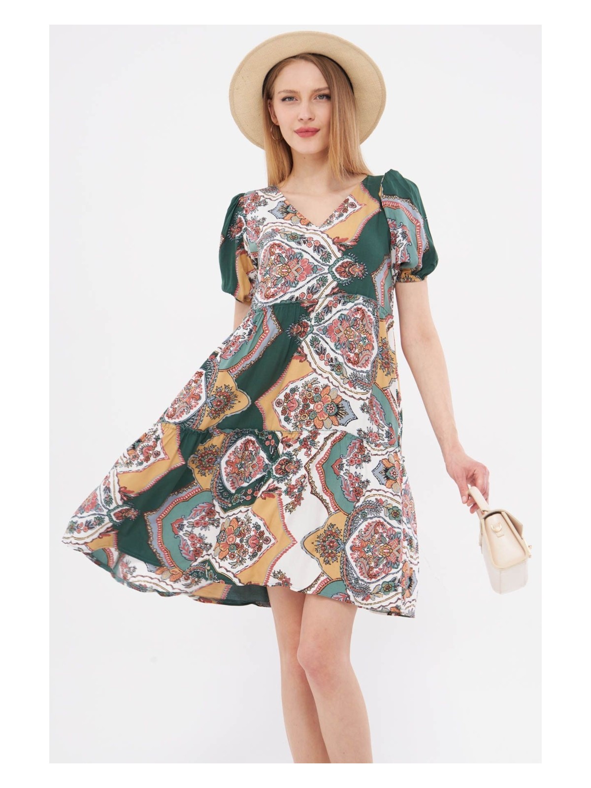 Armonika Kadın Mor V Yaka Kısa Kol Desenli Fırfırlı Elbise ARM-24Y001014 - Görsel 8