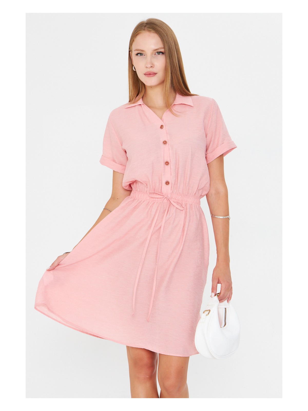 Armonika Kadın Pudra Beli Lastikli Kısa Kol Gömlek Elbise ARM-23Y001035