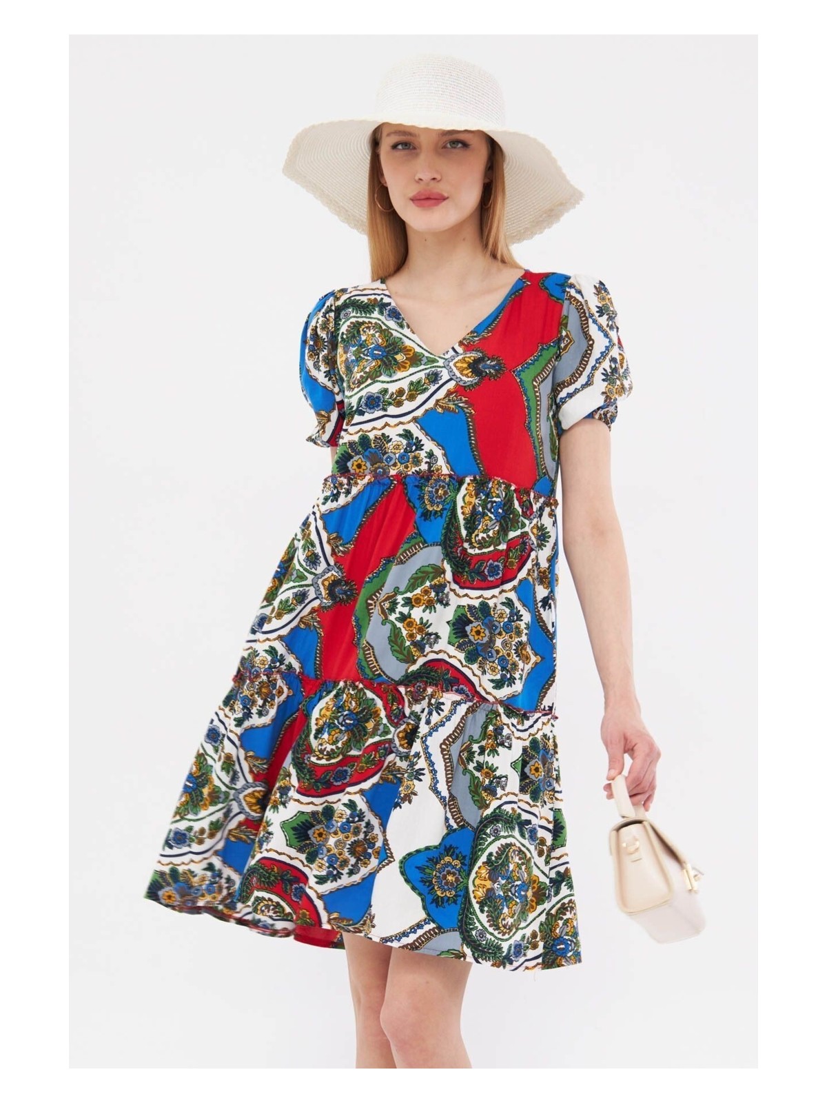 Armonika Kadın Mor V Yaka Kısa Kol Desenli Fırfırlı Elbise ARM-24Y001014 - Görsel 7