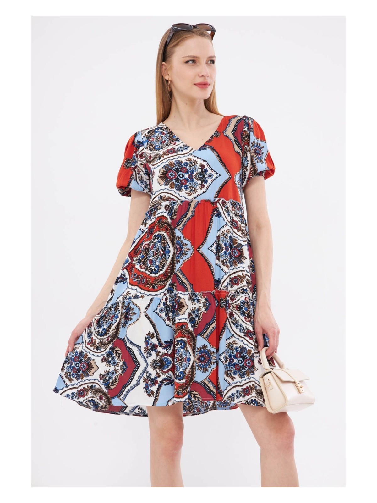 Armonika Kadın Mor V Yaka Kısa Kol Desenli Fırfırlı Elbise ARM-24Y001014 - Görsel 9