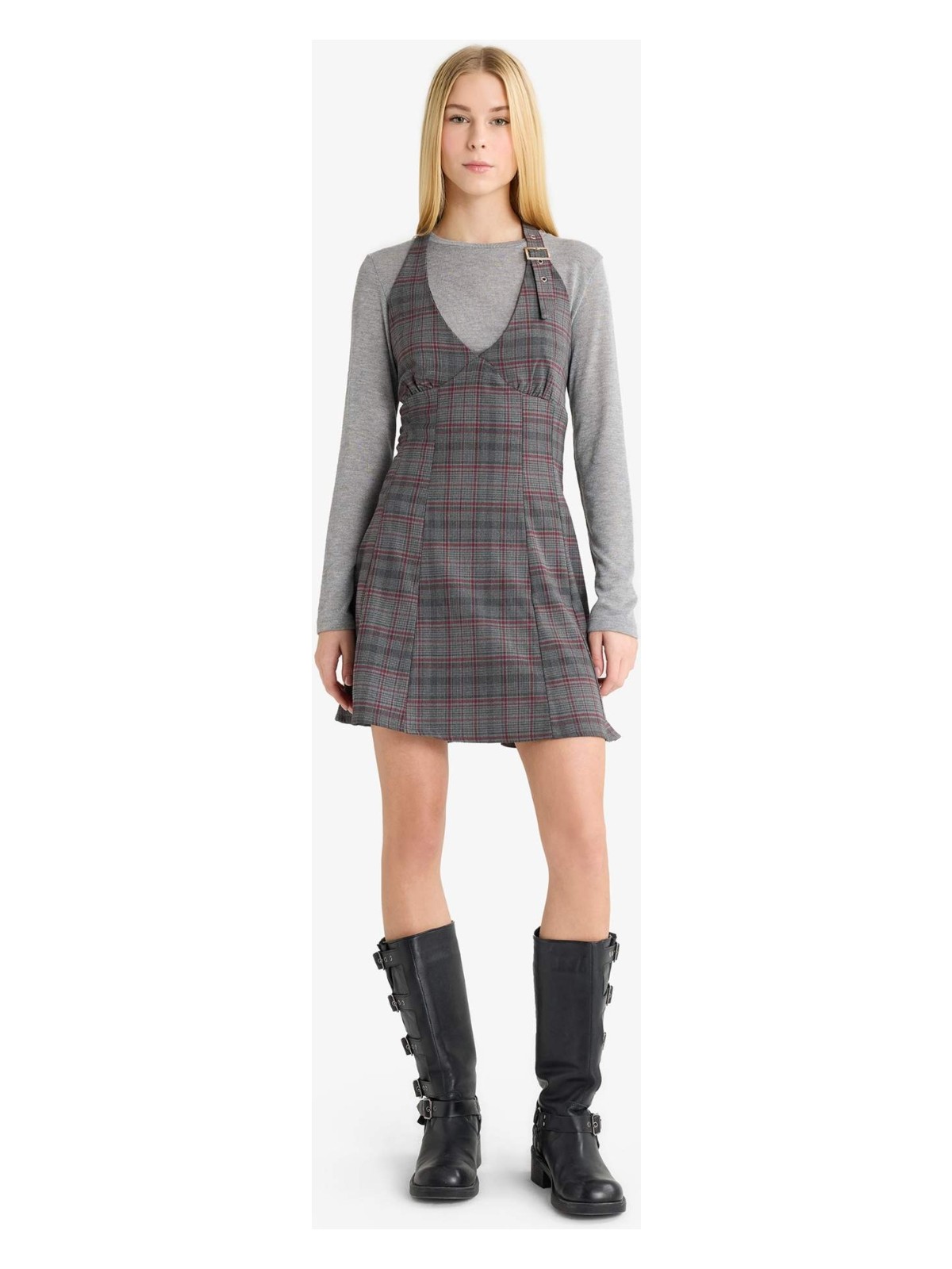 DeFacto Halter Yaka Kareli Mini Elbise G3860AX25AU - Görsel 3