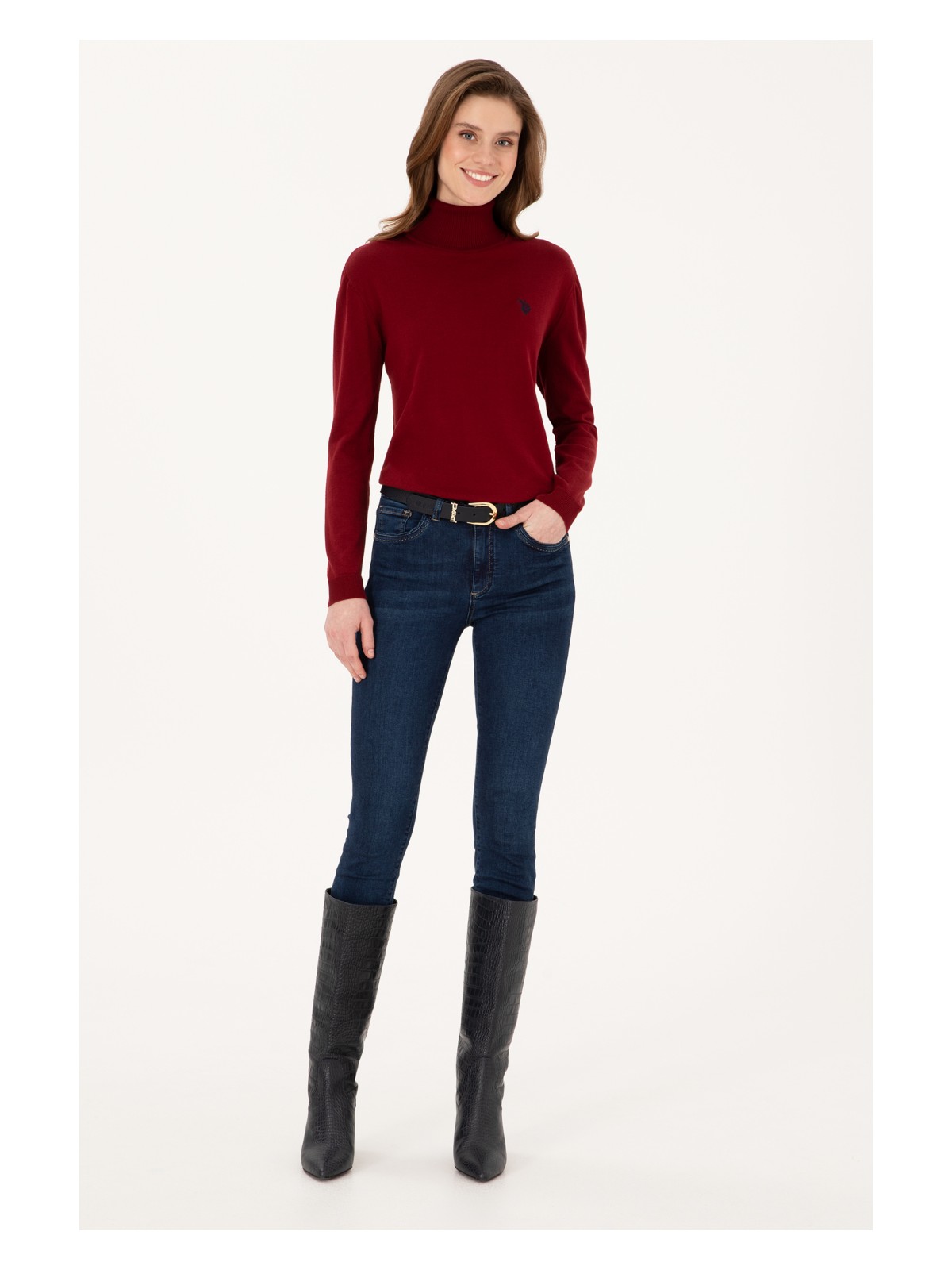 U.S. Polo Assn. Kadın Bordo Balıkçı Yaka Basic Kazak 50313621-VR014 - Görsel 4