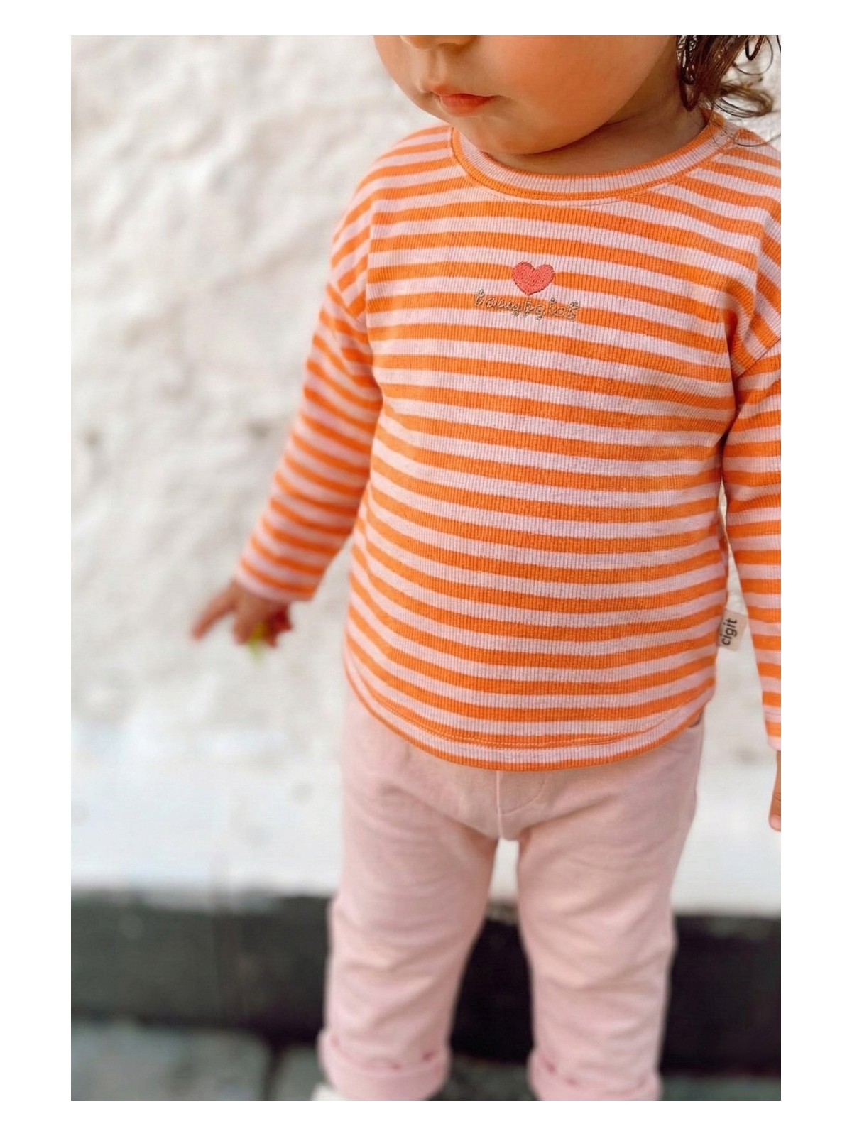 Cigit Çizgili Triko Kız Bebek Takım 0-3 Yaş Pudra Şeftali Çizgili