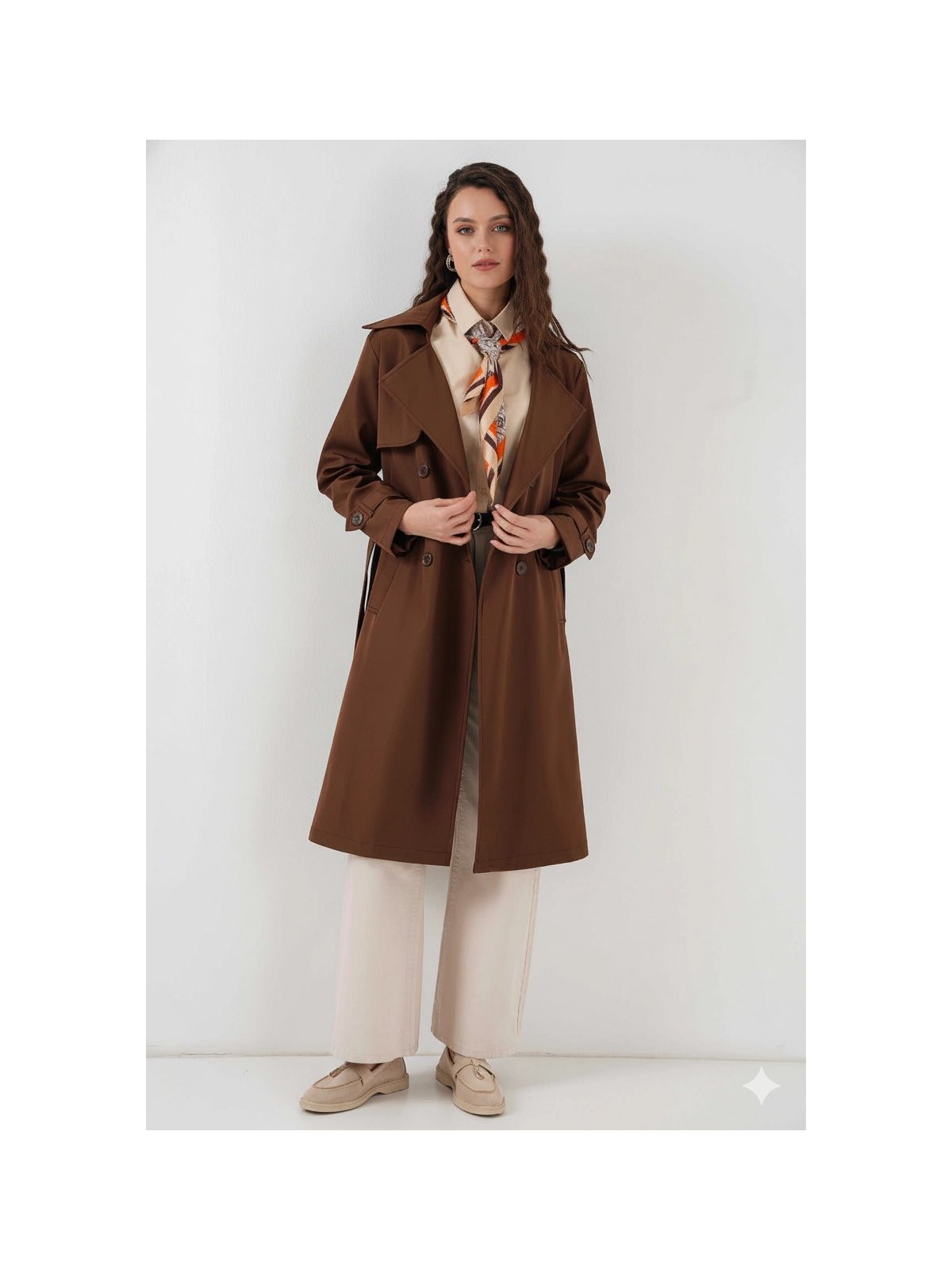 Hazelin Kadın Kahverengi Kruvaze Yaka Kuşaklı Astarlı Trençkot HZL25W-BD159181