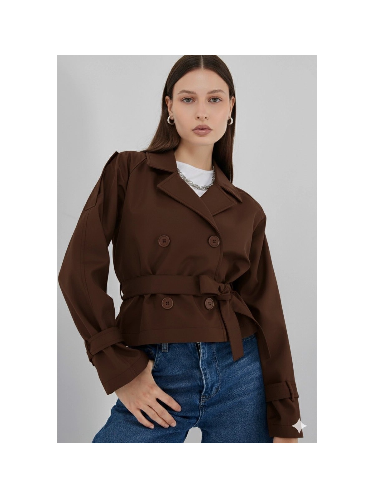 Hazelin Kadın Haki Kruvaze Yaka Kuşaklı Astarlı Kısa Trençkot HZL25W-BD159701 - Görsel 3