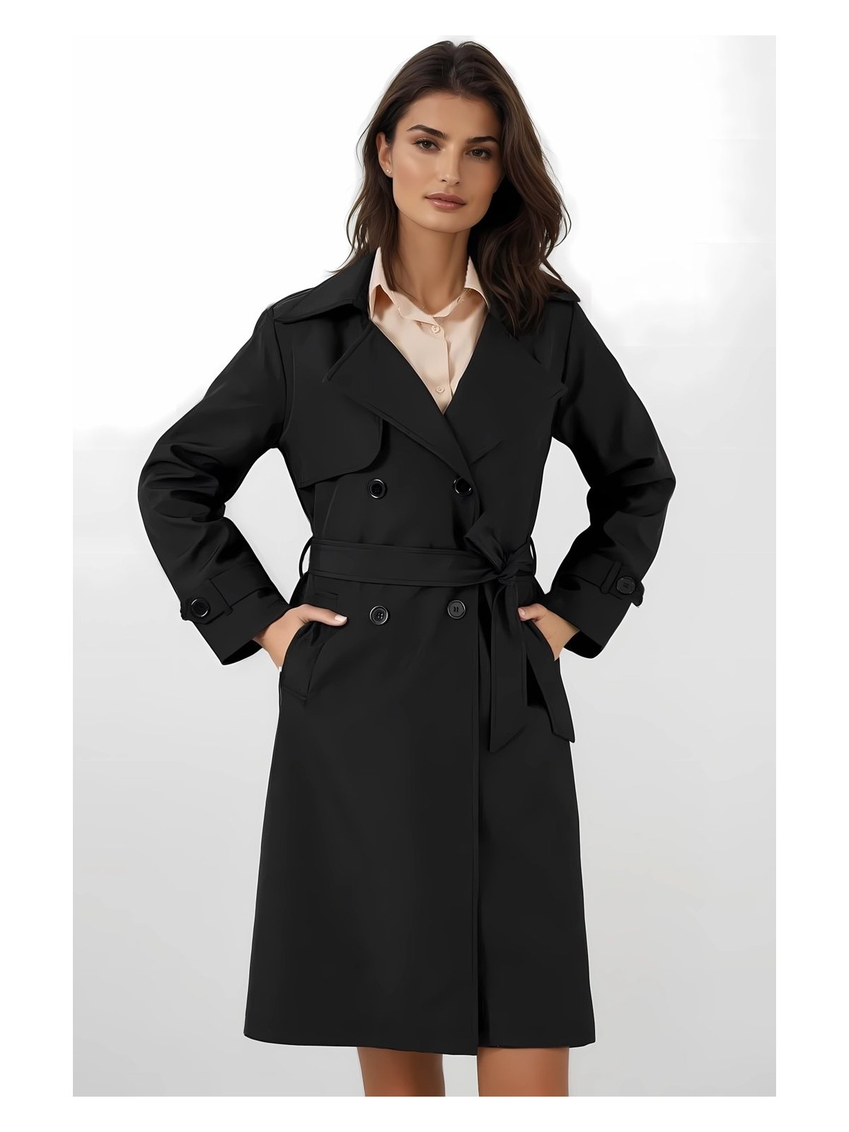 Hazelin Kadın Lacivert Kruvaze Yaka Kuşaklı Astarlı Trençkot HZL25W-BD159181 - Görsel 6