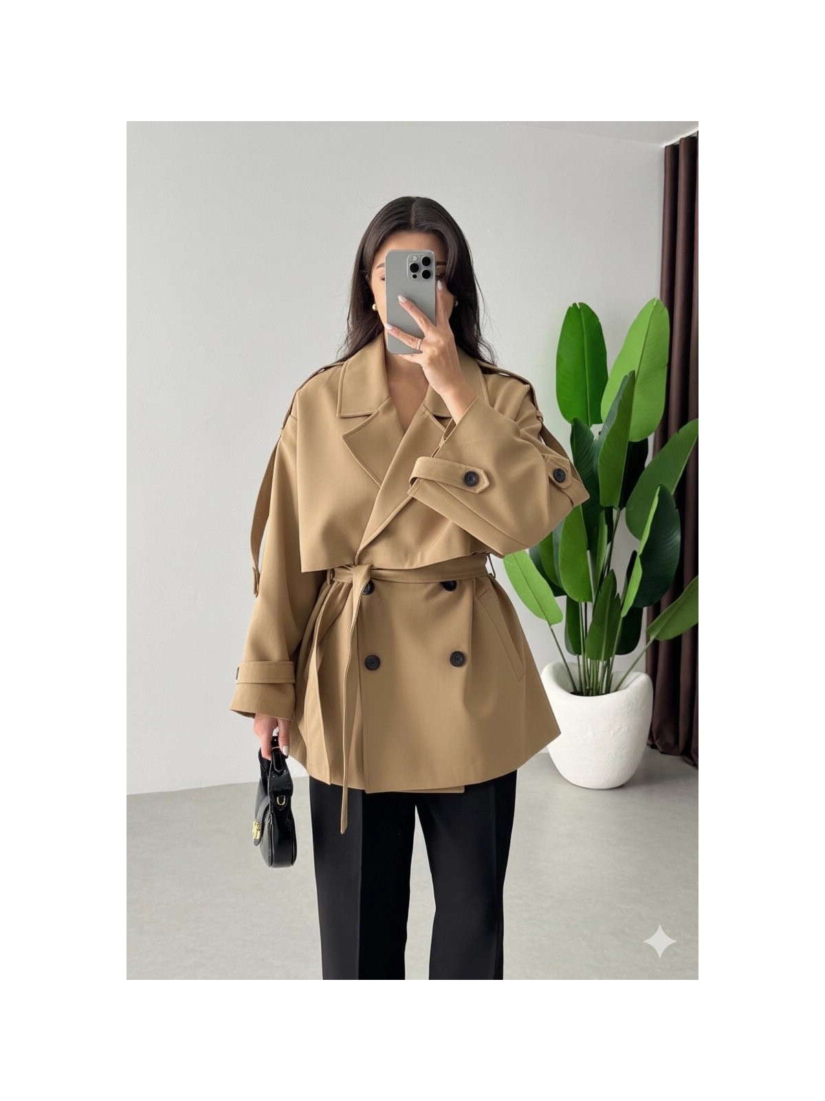 Hazelin Kadın Siyah Premium Midi Boy Astarlı Kaşe Kaban HZL25W-BD191571 - Görsel 4