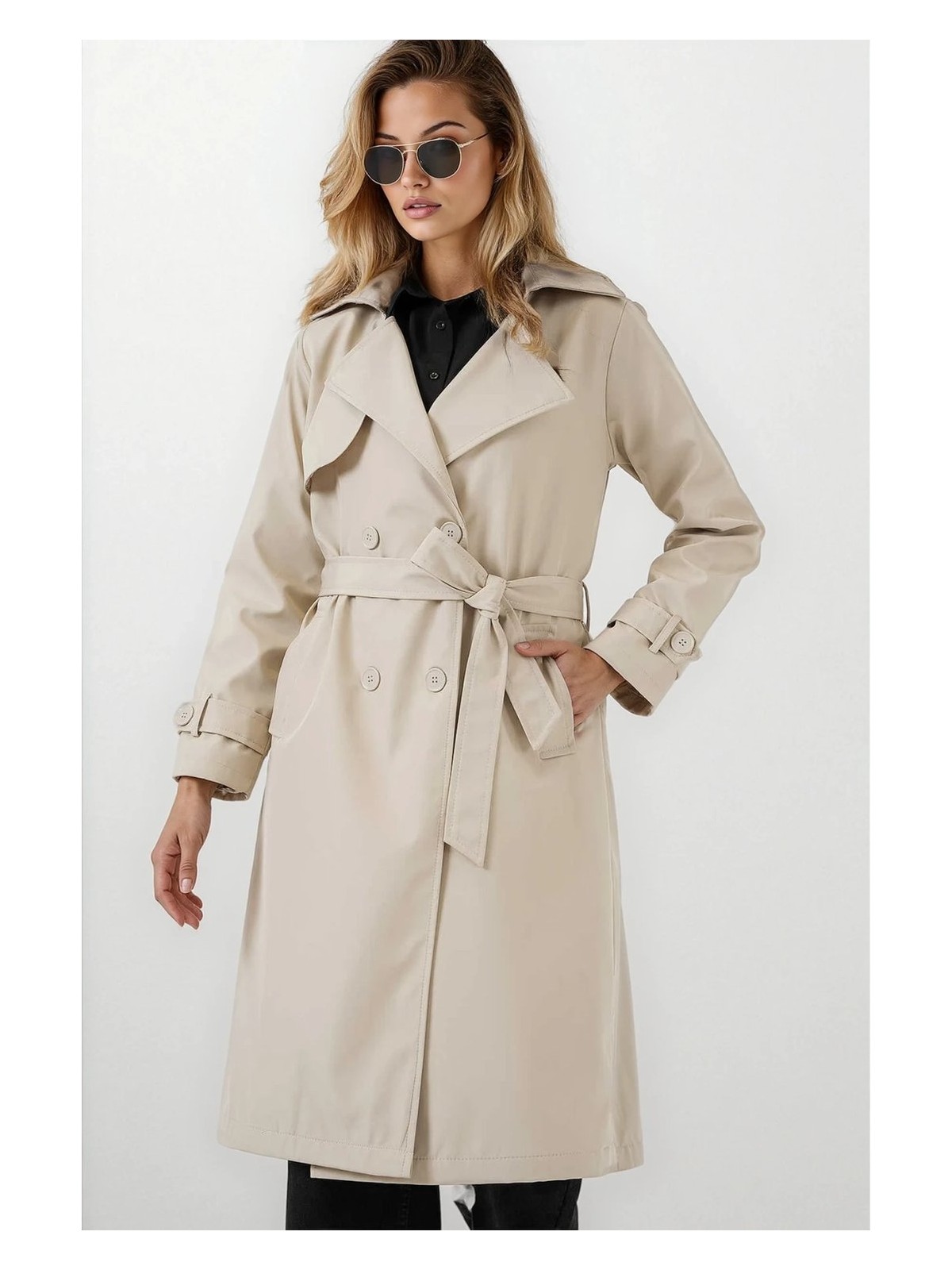 Hazelin Kadın Hardal Kruvaze Yaka Kuşaklı Astarlı Trençkot HZL25W-BD159181 - Görsel 7