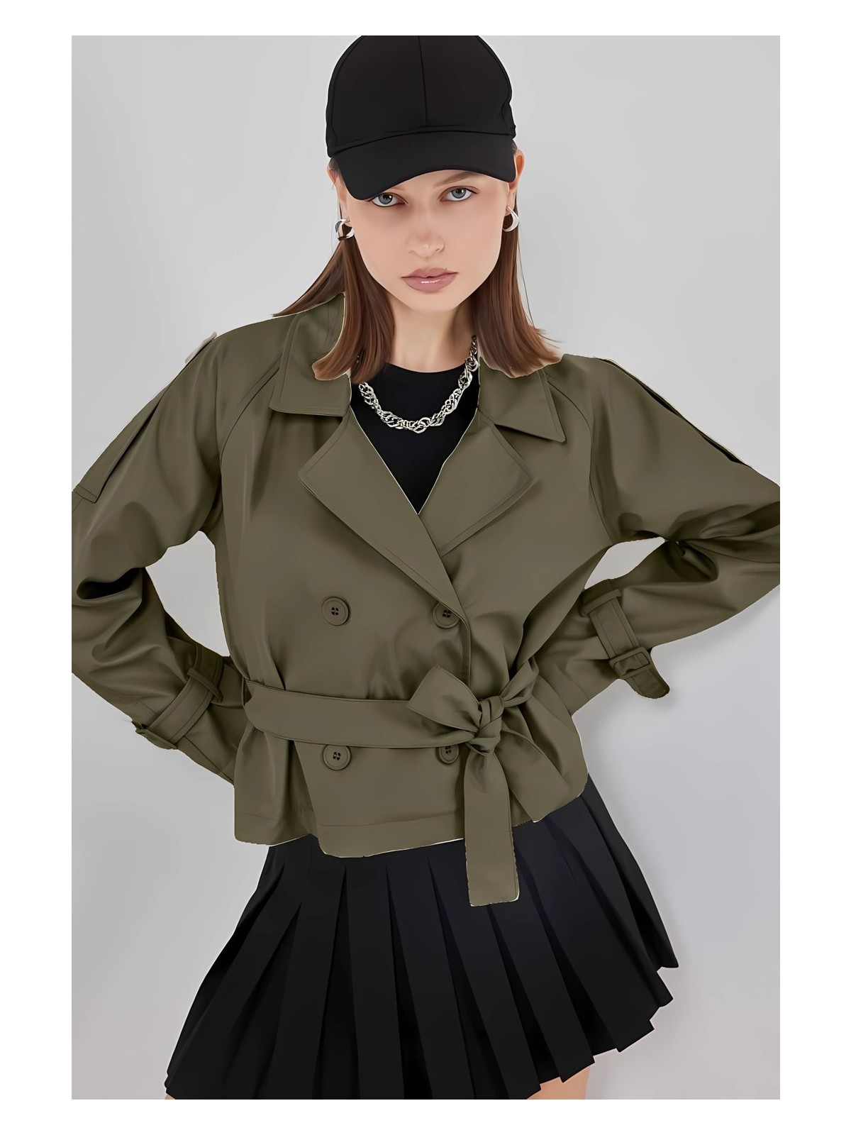 Hazelin Kadın Siyah Kruvaze Yaka Kuşaklı Astarlı Kısa Trençkot HZL25W-BD159701 - Görsel 5