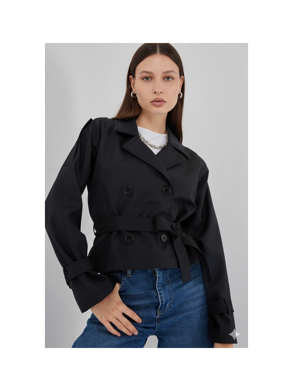 Hazelin Kadın Siyah Kruvaze Yaka Kuşaklı Astarlı Kısa Trençkot HZL25W-BD159701