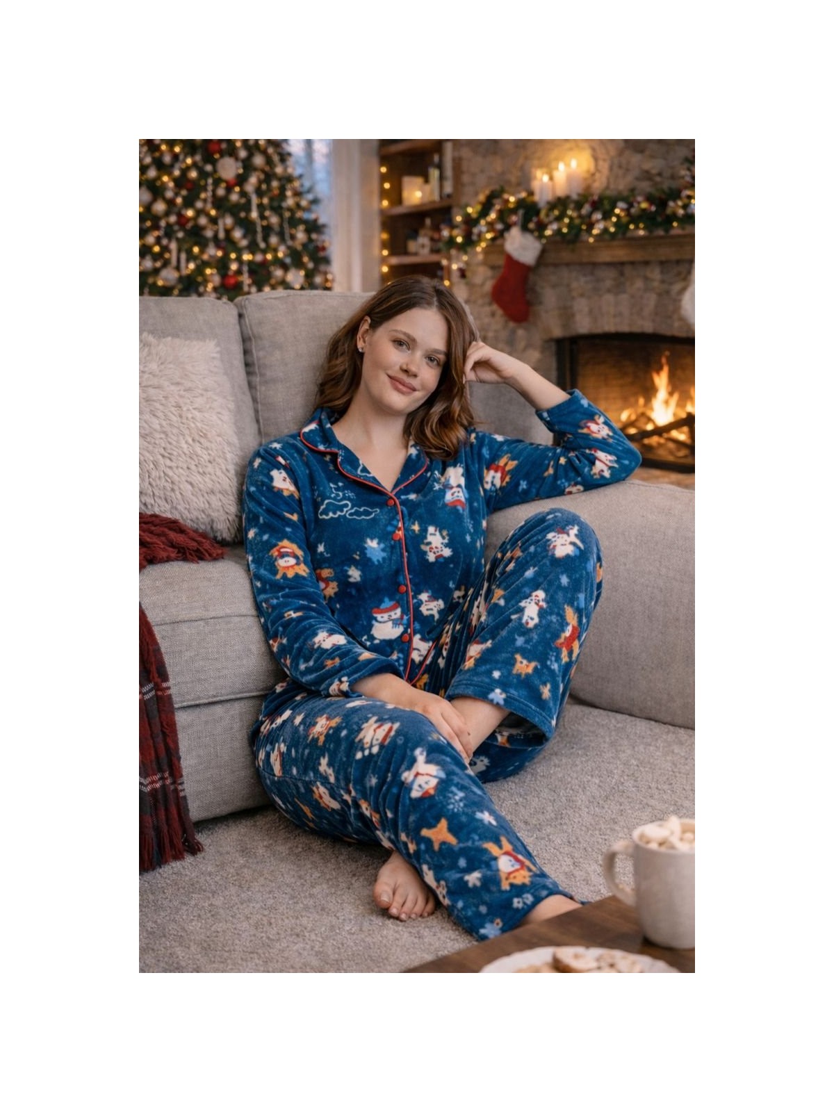 Nisanca Kışlık Yılbaşı Desenli Kadın Gömlek Polar Pijama Takımı- Geyikli Yılbaşı Pijaması- Büyük Beden Pijama - Görsel 5