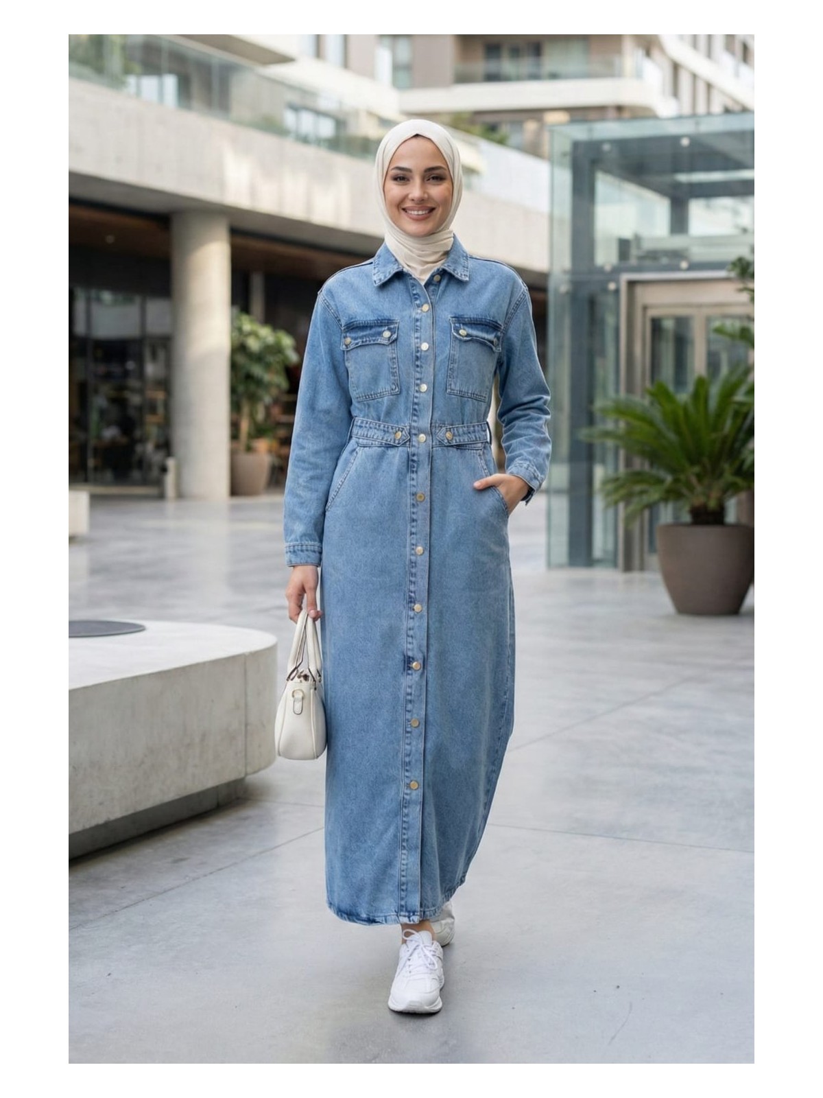 Kadın Düğmeli Bel Detaylı Cepli Koyu Mavi Kot Elbise - Görsel 4