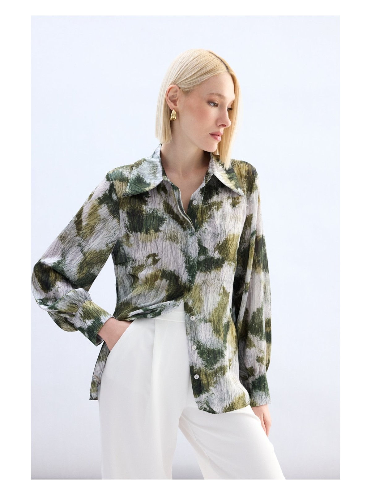 Sateen Desenli Düz Kesim Gömlek - Haki