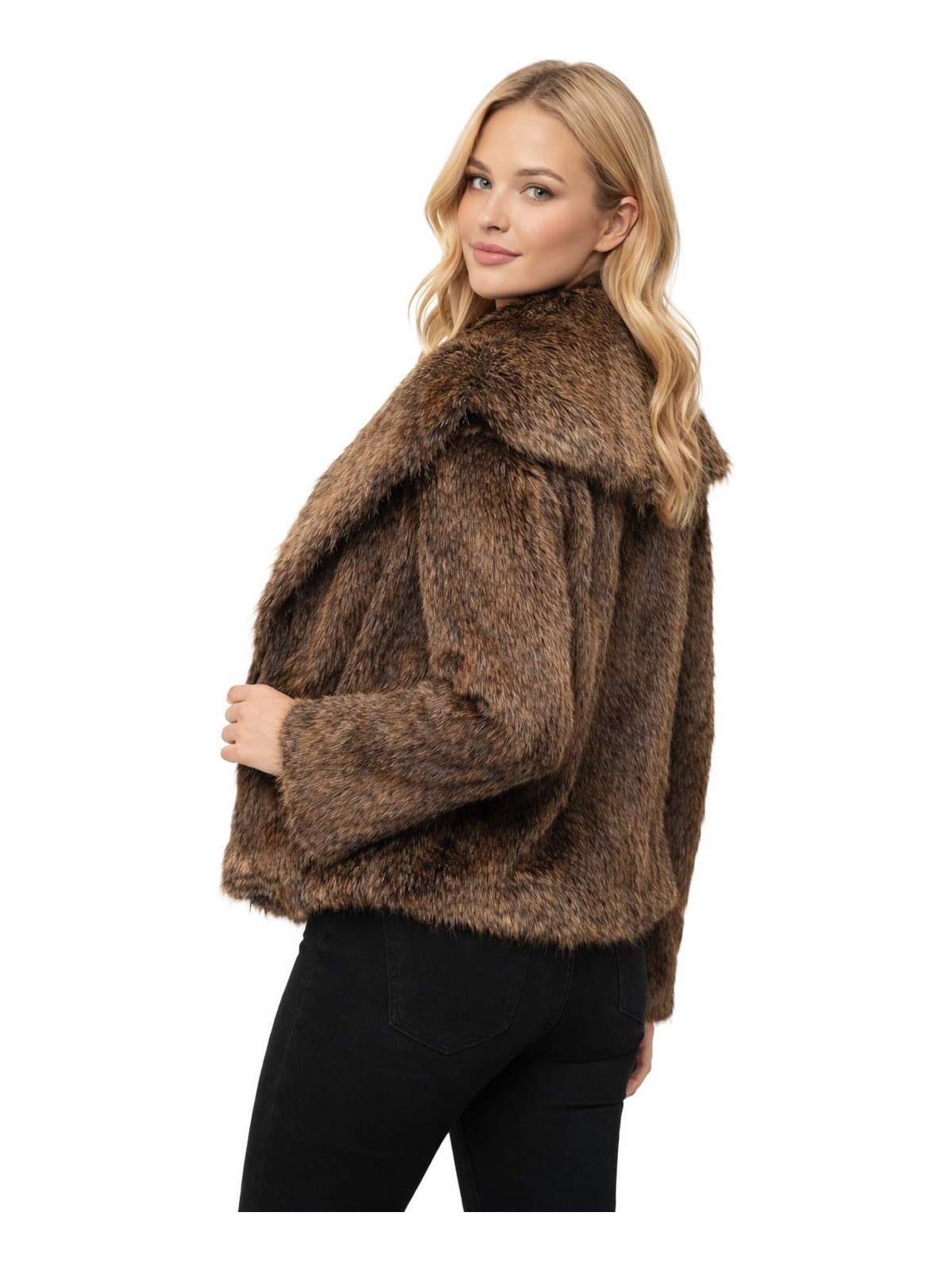 Eva Clothing Kadın Kahverengi Büyük Yaka Kısa Kürk Çeket