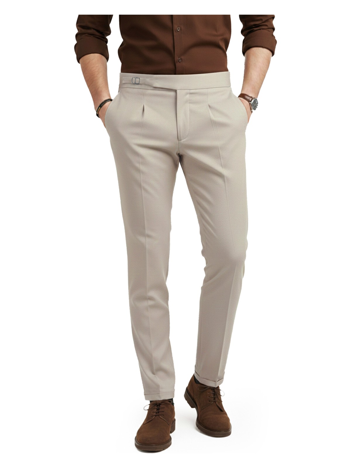 Deepsea Erkek Taş Likralı Italyan Kesim Pileli Kemer Tokalı Şık Kumaş Pantolon 2601020 - Görsel 5