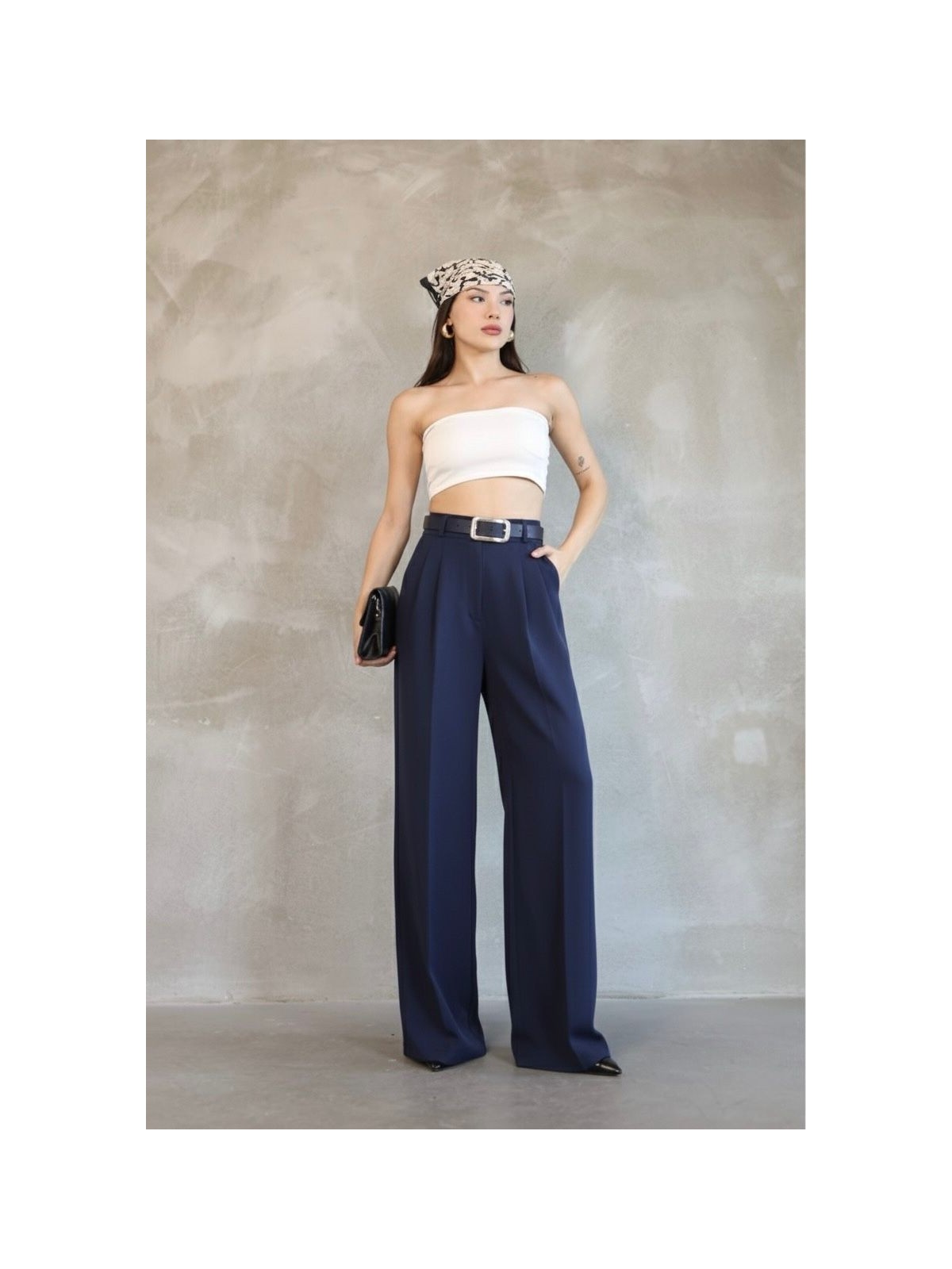 Haka Giyim Kadın Palazzo Pileli Pantolon Ithal Doubleface Kumaş Yüksek Kaliteli Ürün Yüksek Bel Kemerli - Görsel 7