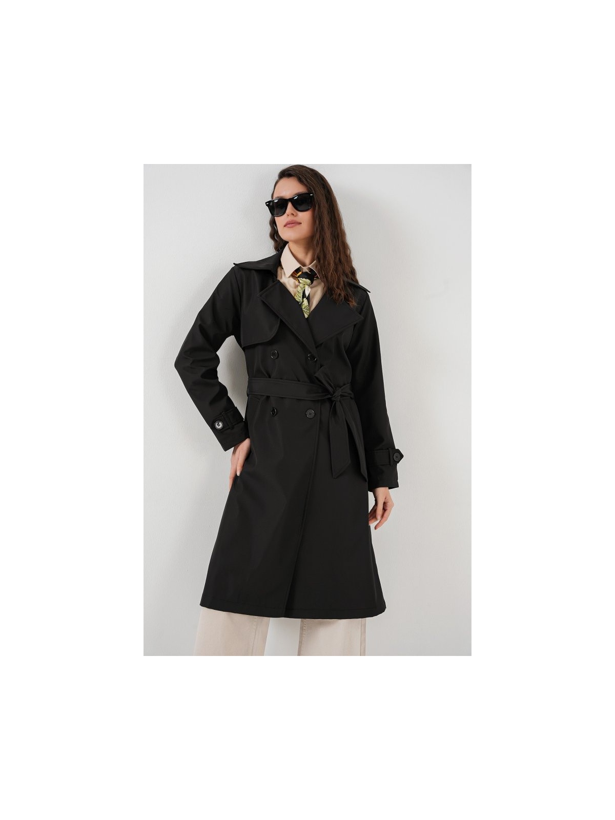 5918 Kruvaze Yaka Trençkot - Siyah
