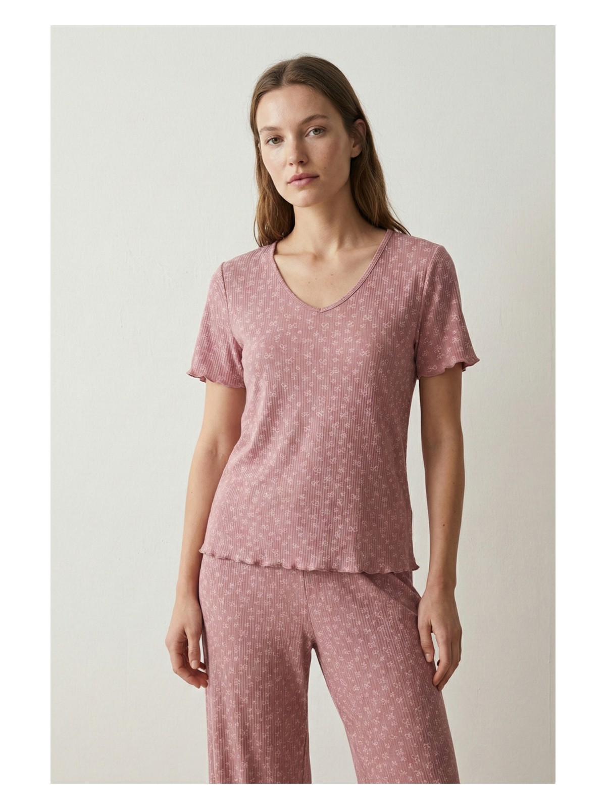 elemge Kadın Bambulu Mevsimlik Pijama Takımı Gül Kurusu Regular Fit Alt Üst Takım Kısa Kol Lastikli Esnek V Yaka 2'li Takım Cepsiz