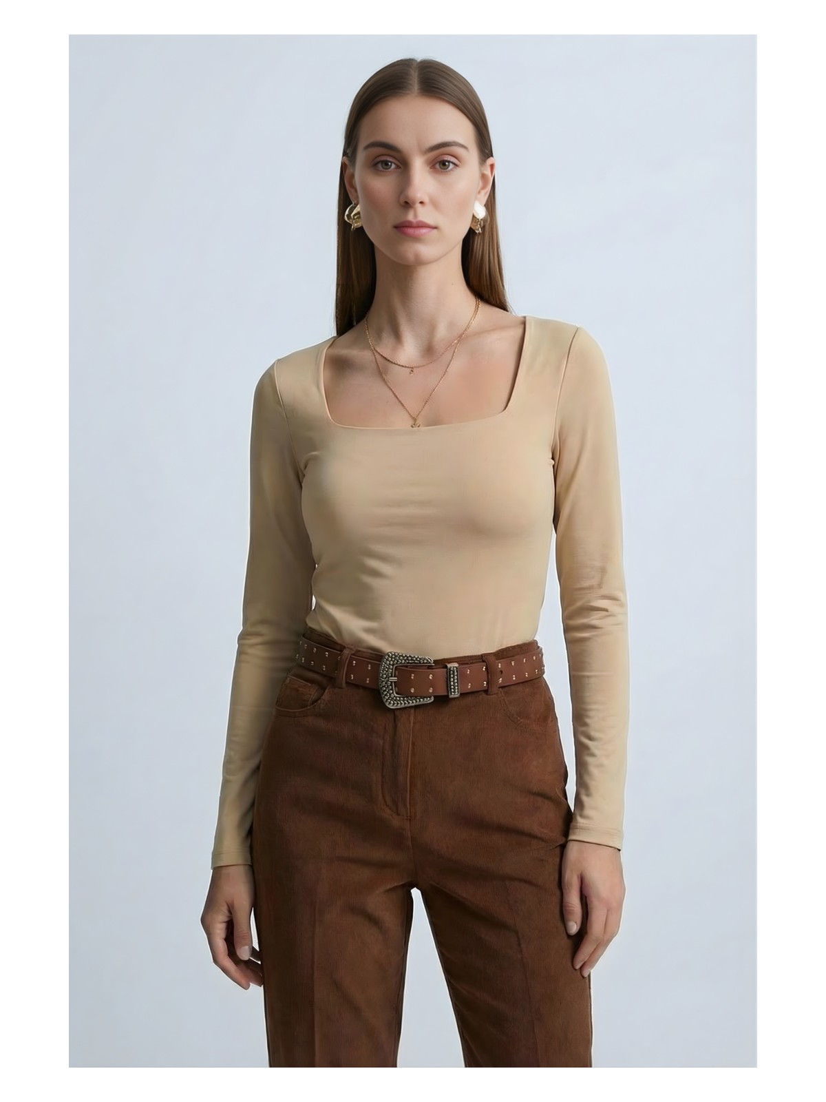 Qaju Kadın Uzun Kollu Kare Yaka Basic Bluz -Ekru - Görsel 5