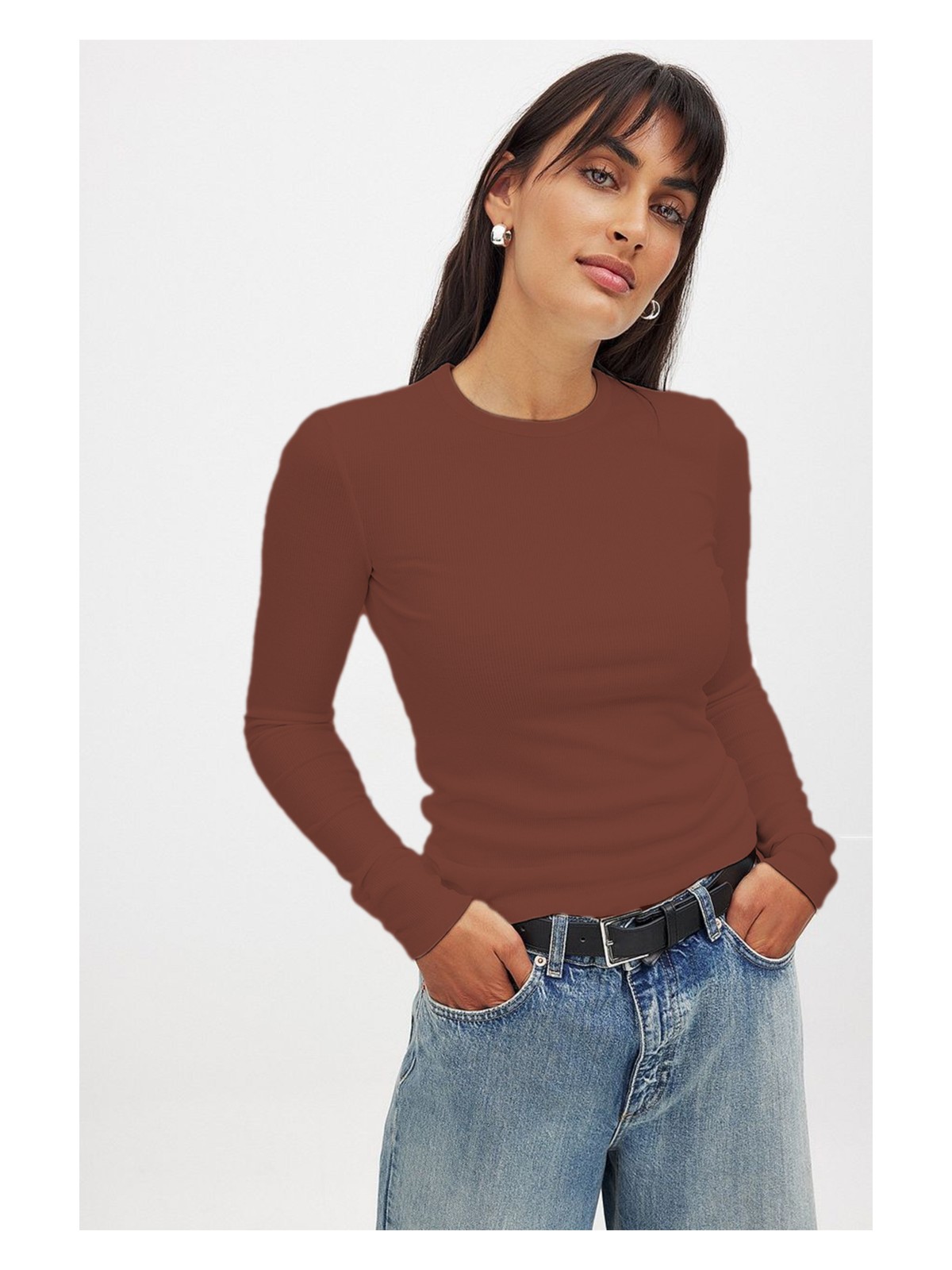 CHEISU Kadın Beyaz Uzun Kollu Bisiklet Yaka T-shirt Bluz Kaşkorse Fitilli - Görsel 9