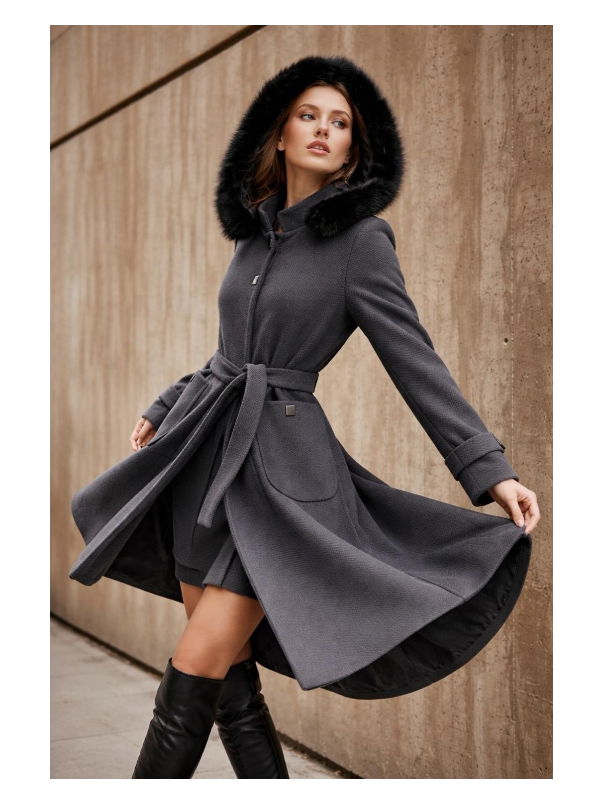 Esin Giyim Pötikare Dokulu Çıkarılabilir Kapüşonlu Kaşe Kaban