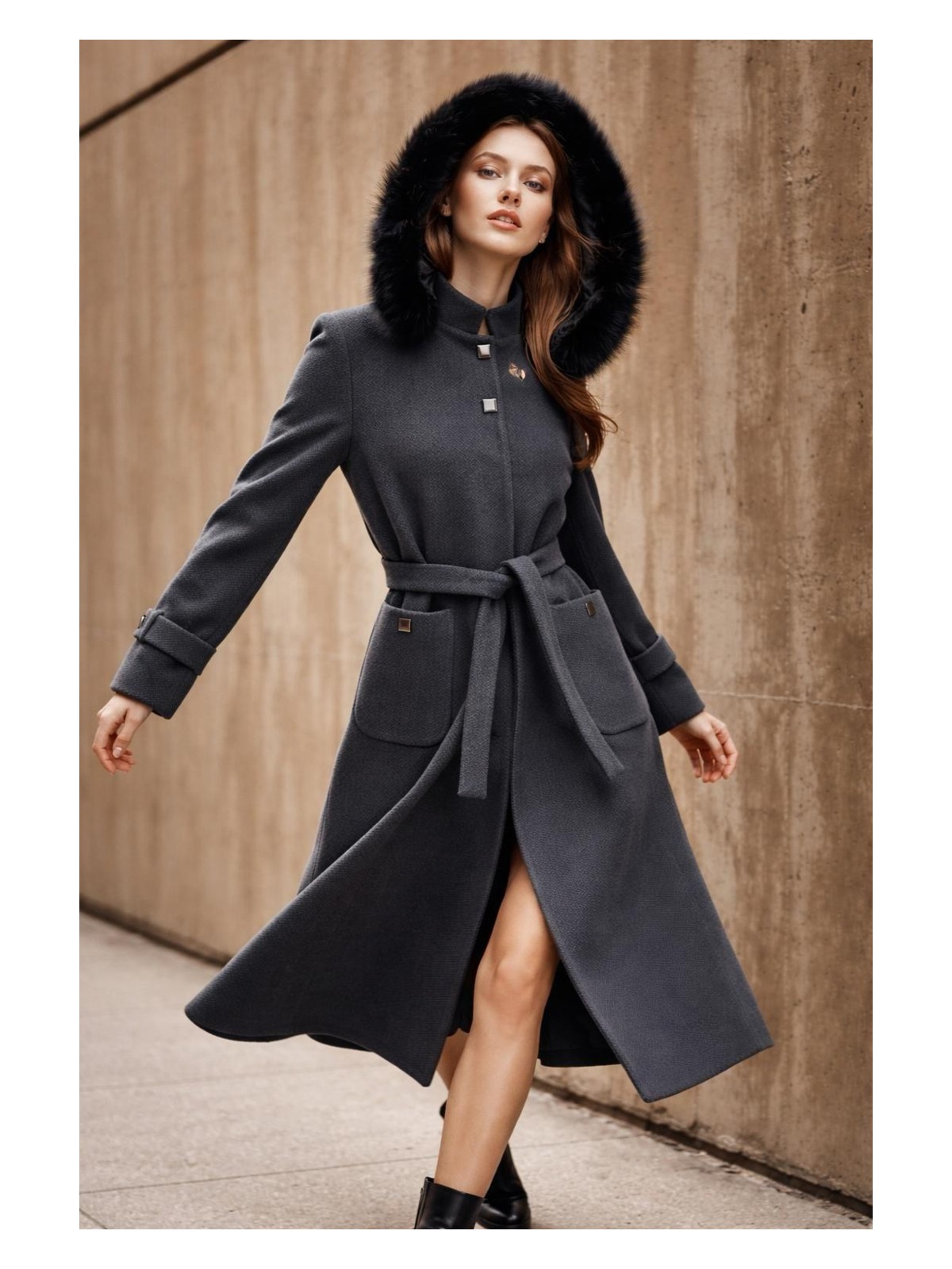 Esin Giyim Pötikare Dokulu Çıkarılabilir Kapüşonlu Kaşe Kaban - Görsel 3