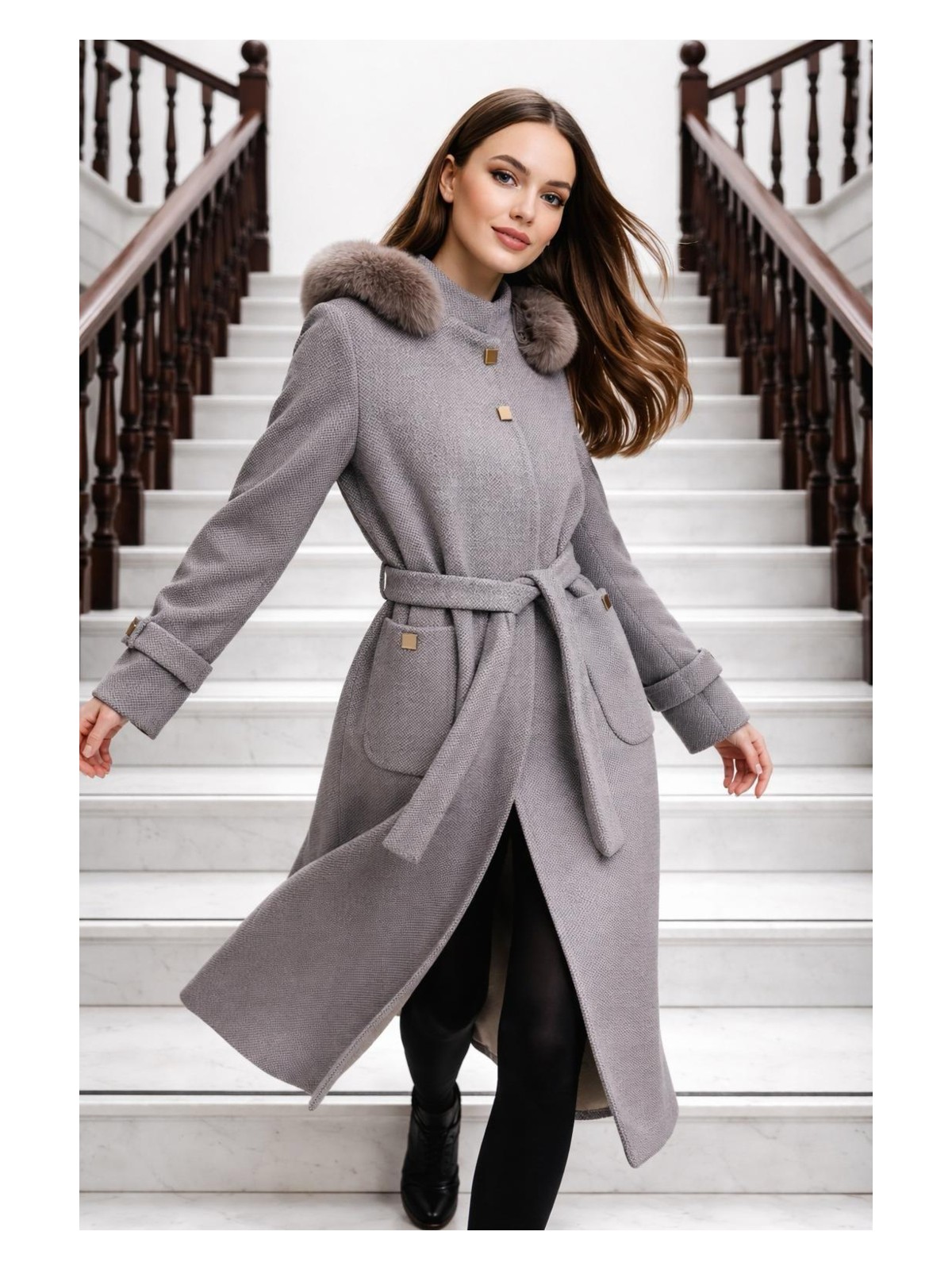 Esin Giyim Pötikare Dokulu Çıkarılabilir Kapüşonlu Kaşe Kaban