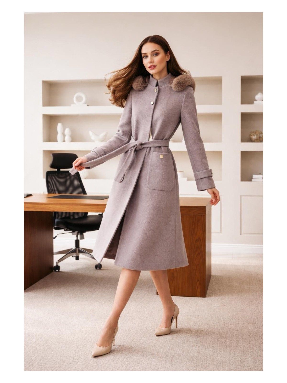 Esin Giyim Pötikare Dokulu Çıkarılabilir Kapüşonlu Kaşe Kaban - Görsel 6