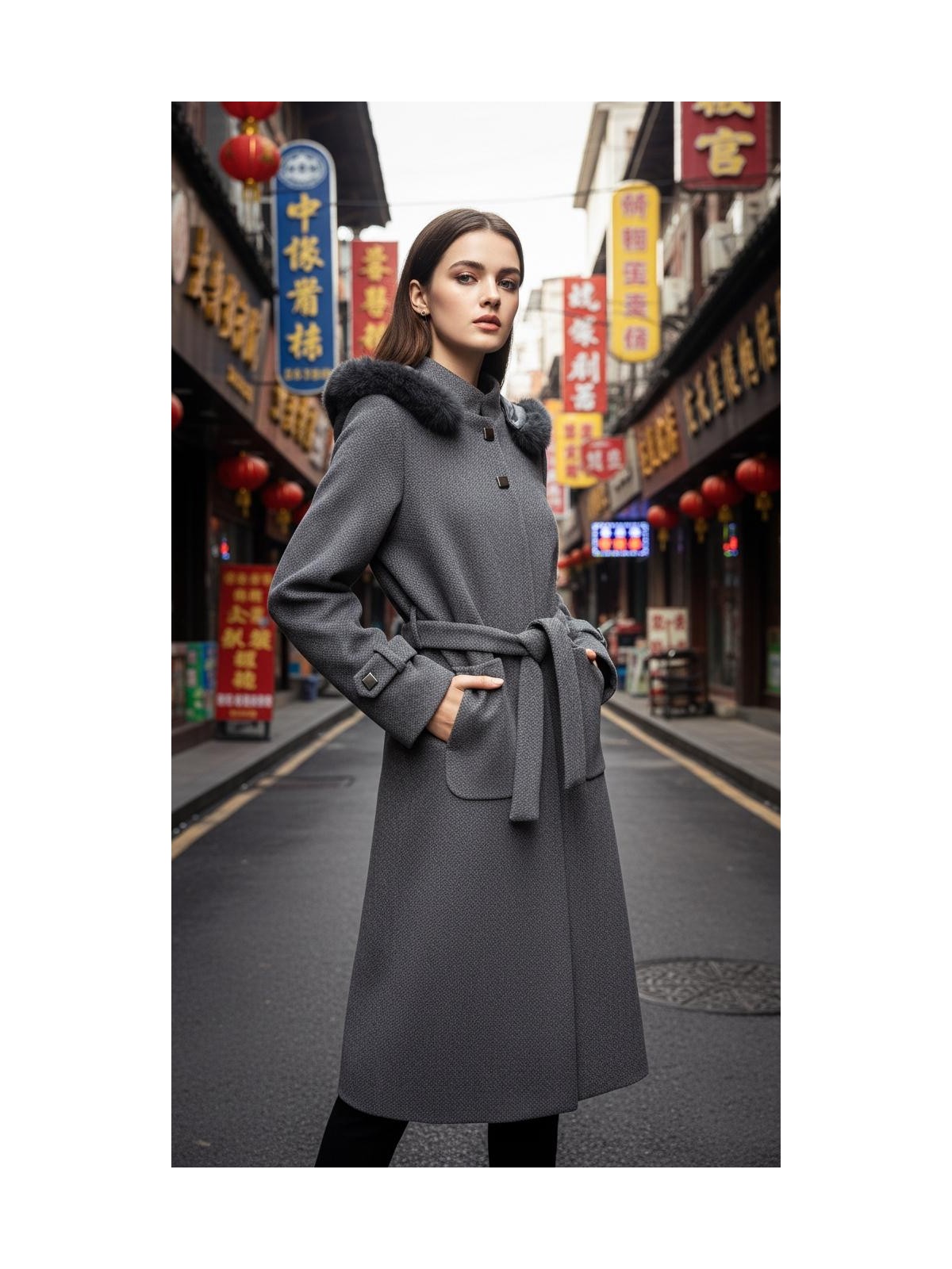 Esin Giyim Pötikare Dokulu Çıkarılabilir Kapüşonlu Kaşe Kaban - Görsel 7