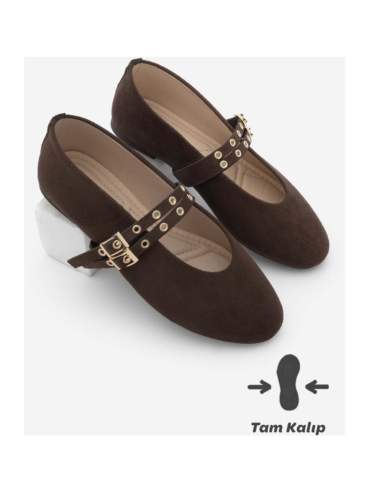 Marjin Kadın Çift Bantlı Zımbalı Günlük Babet Bekosa Kahve Süet