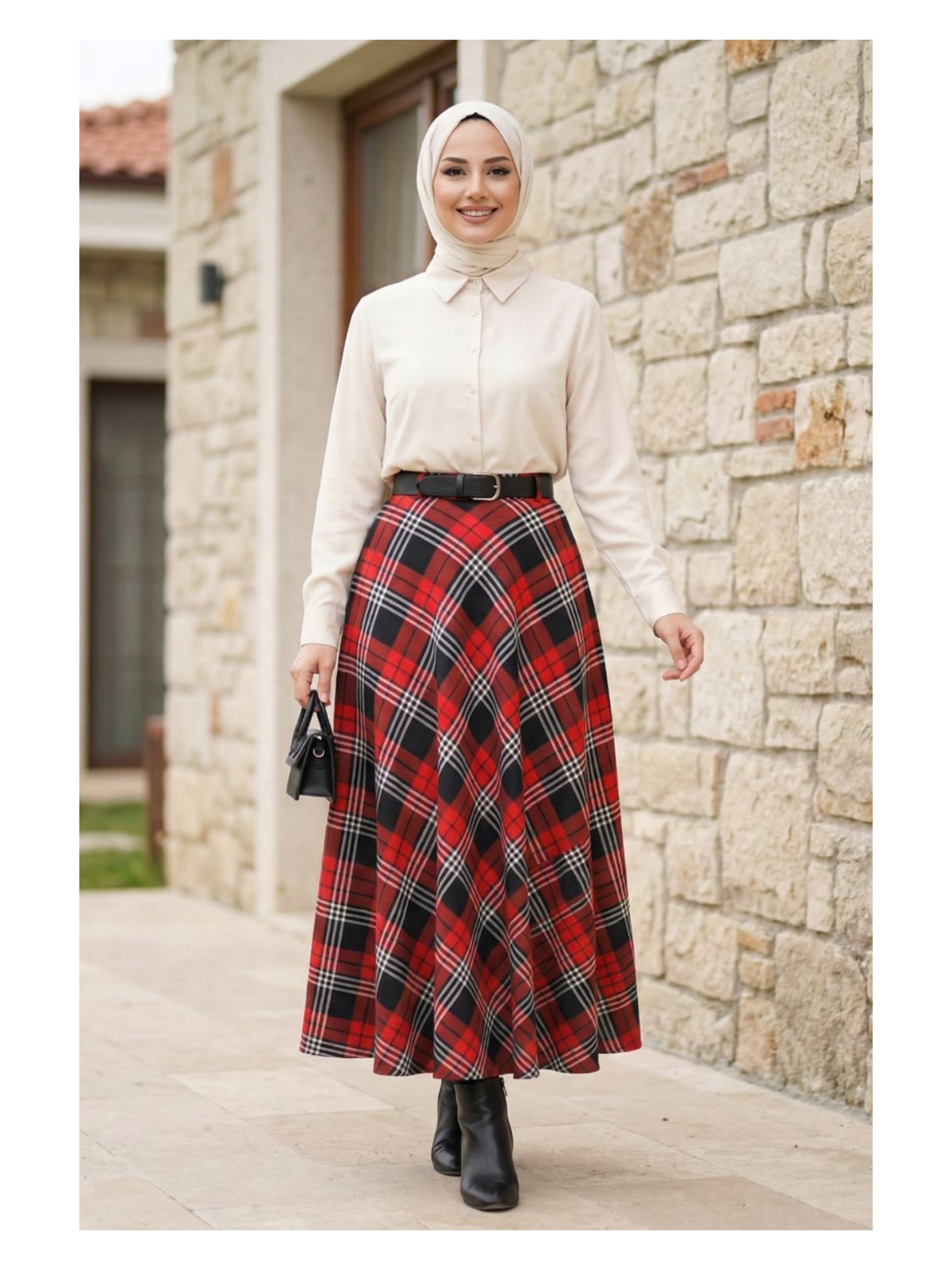 Harman Butik Kadın Kahverengi Ekose Desenli Etek - Görsel 6