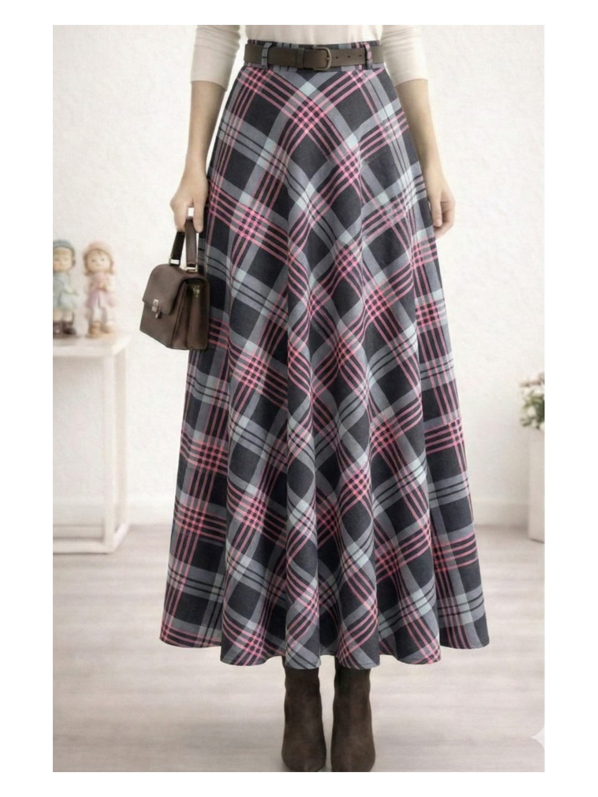 Harman Butik Kadın Kahverengi Ekose Desenli Etek - Görsel 5