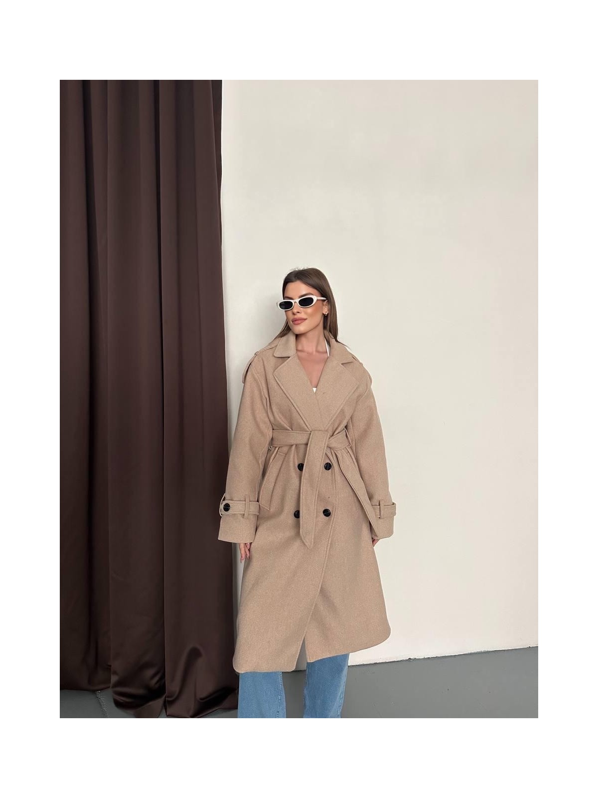 My Lunessa Premium Oversize Modern Bej Melanj Kaşe Kaban - Görsel 5