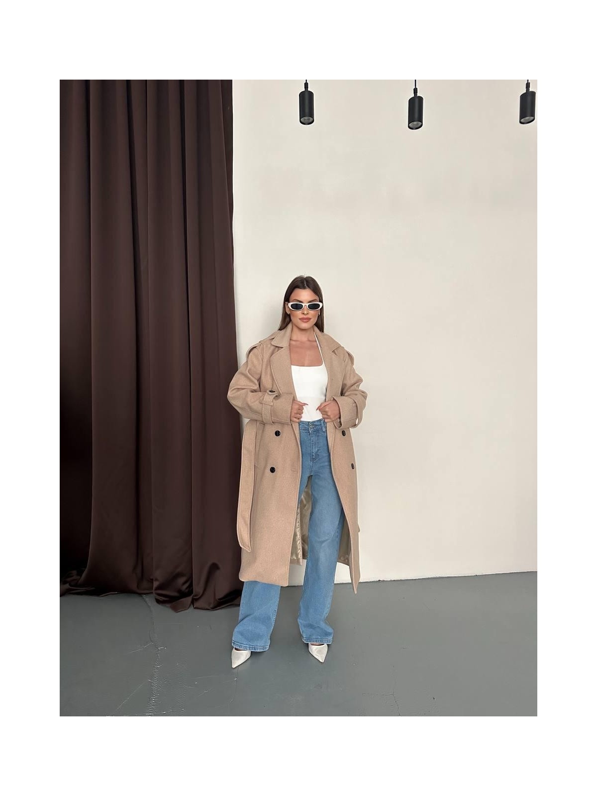 My Lunessa Premium Oversize Modern Bej Melanj Kaşe Kaban