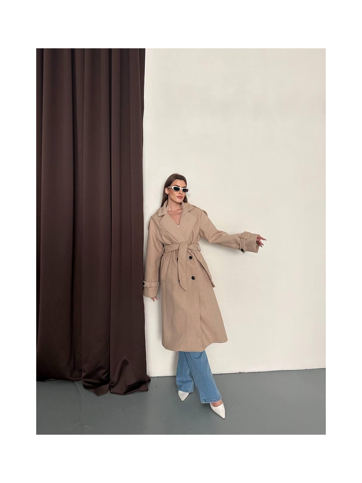My Lunessa Premium Oversize Modern Bej Melanj Kaşe Kaban - Görsel 2