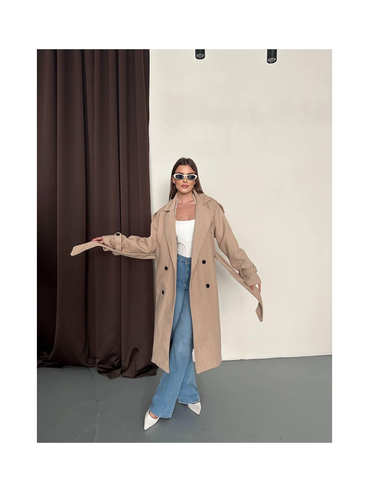 My Lunessa Premium Oversize Modern Bej Melanj Kaşe Kaban - Görsel 4