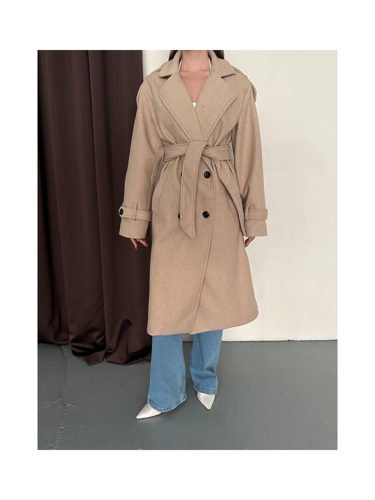 My Lunessa Premium Oversize Modern Bej Melanj Kaşe Kaban - Görsel 3
