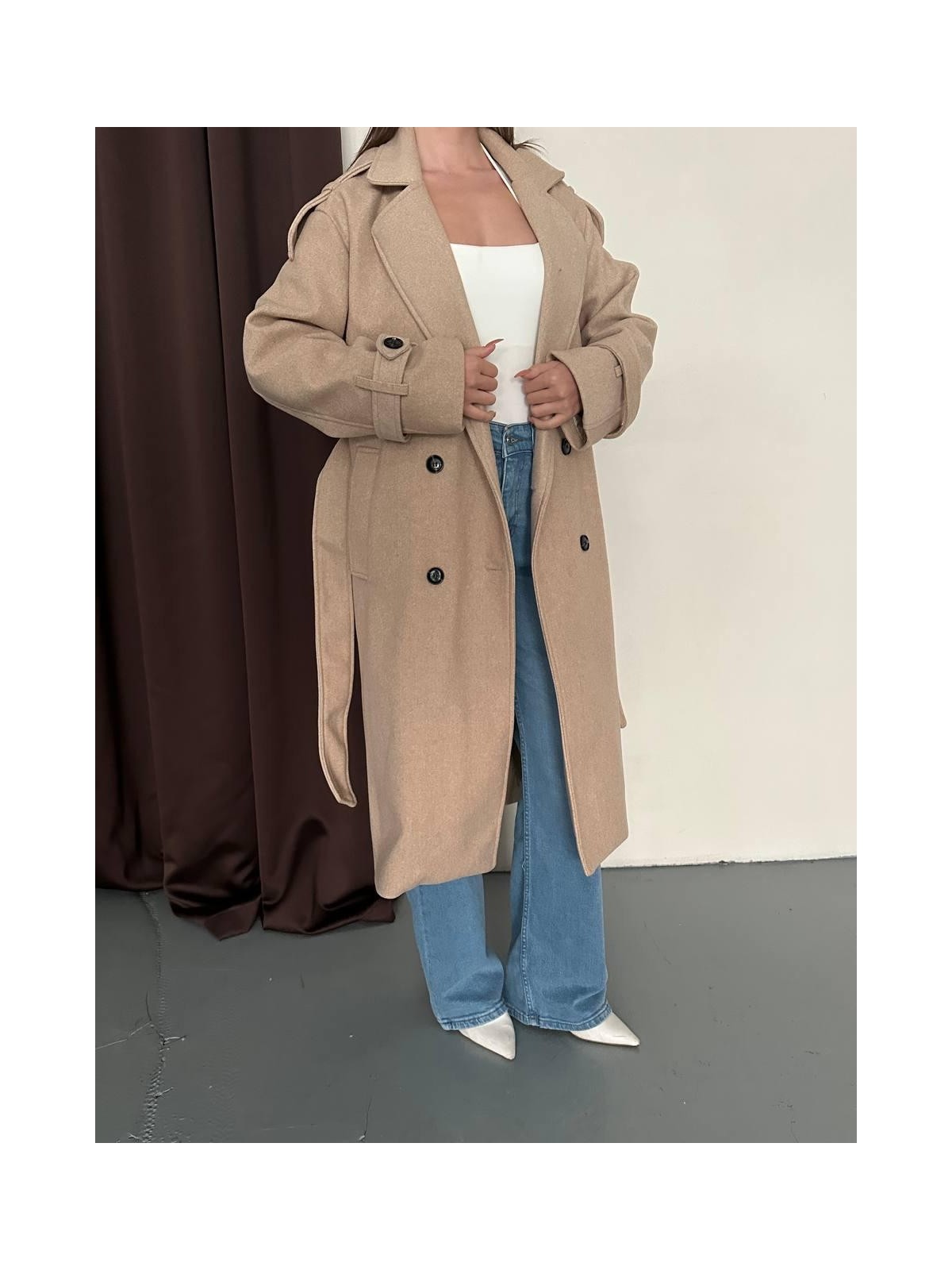 My Lunessa Premium Oversize Modern Bej Melanj Kaşe Kaban - Görsel 6