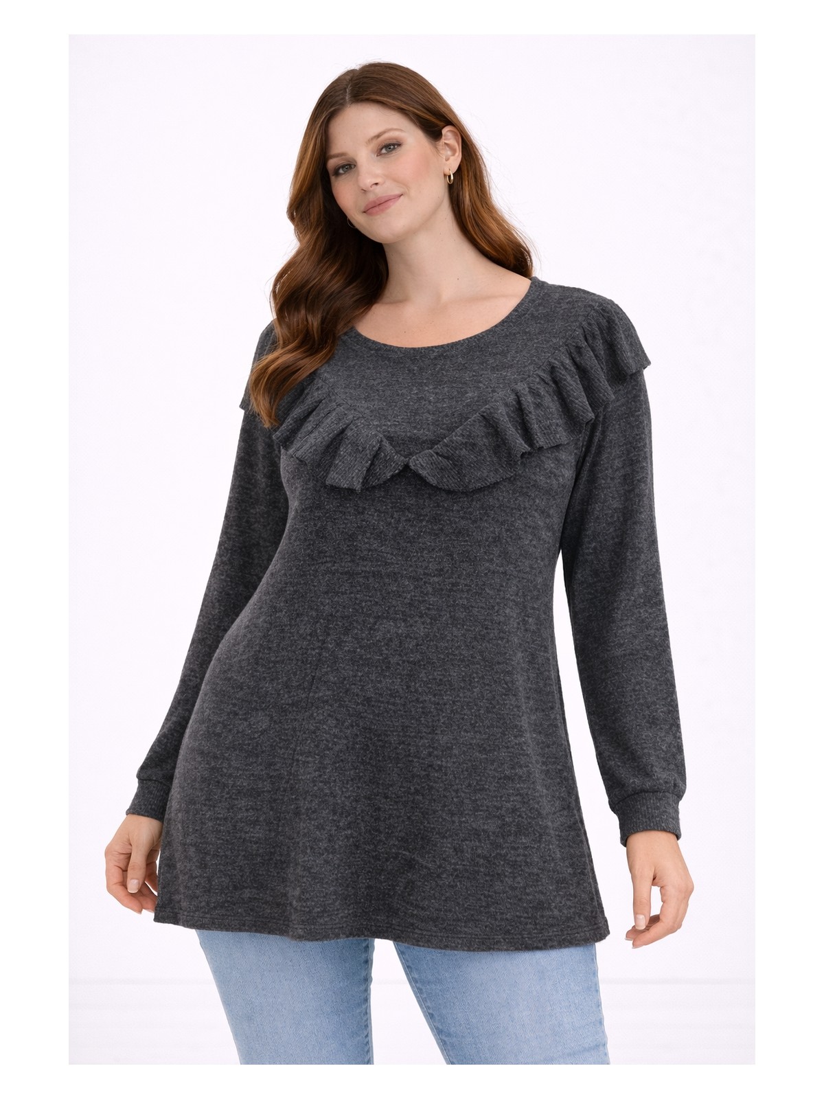 Şans Kadın Büyük Beden Antrasit, Fırfır Detaylı, Yün Viskon Tunik 65N39302