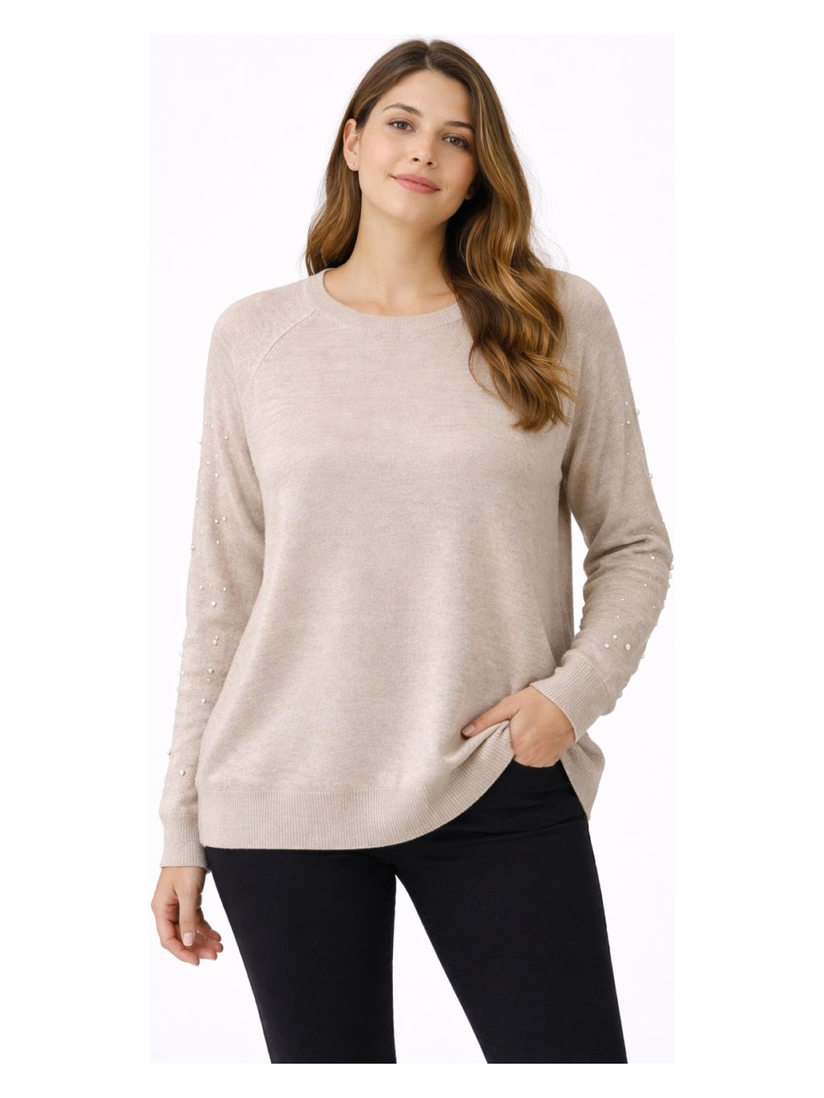 Şans Kadın Büyük Beden Vizon, Reglan Kol, Kollar Inci Detaylı, Yün Viskon Tunik 65N39278