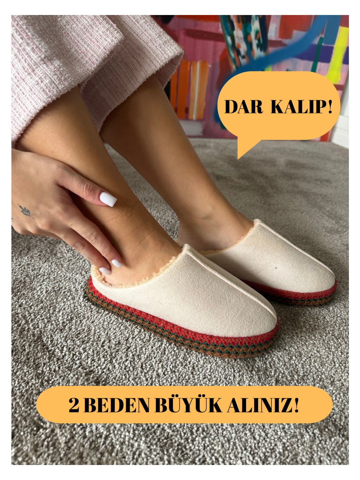 Aksulu Kadın Yumuşak ve Hafif Örgü Desenli Içi Yünlü Peluş Ev Terliği - Görsel 7