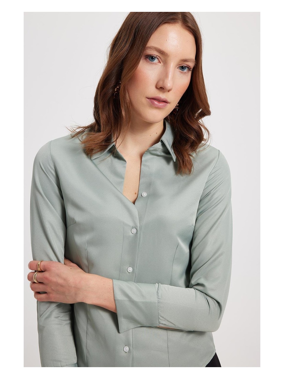 Tudors Kadın Slim Fit Dar Kesim Klasik Yaka Uzun Kollu Mint Gömlek
