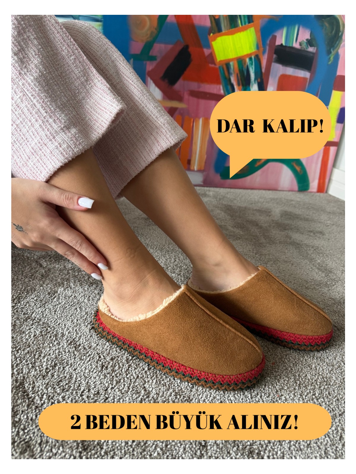 Aksulu Kadın Yumuşak ve Hafif Örgü Desenli Içi Yünlü Peluş Ev Terliği - Görsel 4